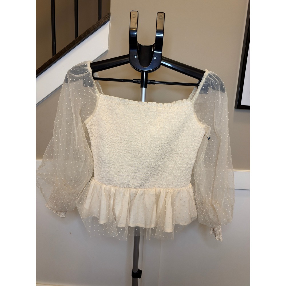 PrettyLittleThing Cream Smocked Peplum Top Sheer Mesh Dobby Balloon Sleeve US 6